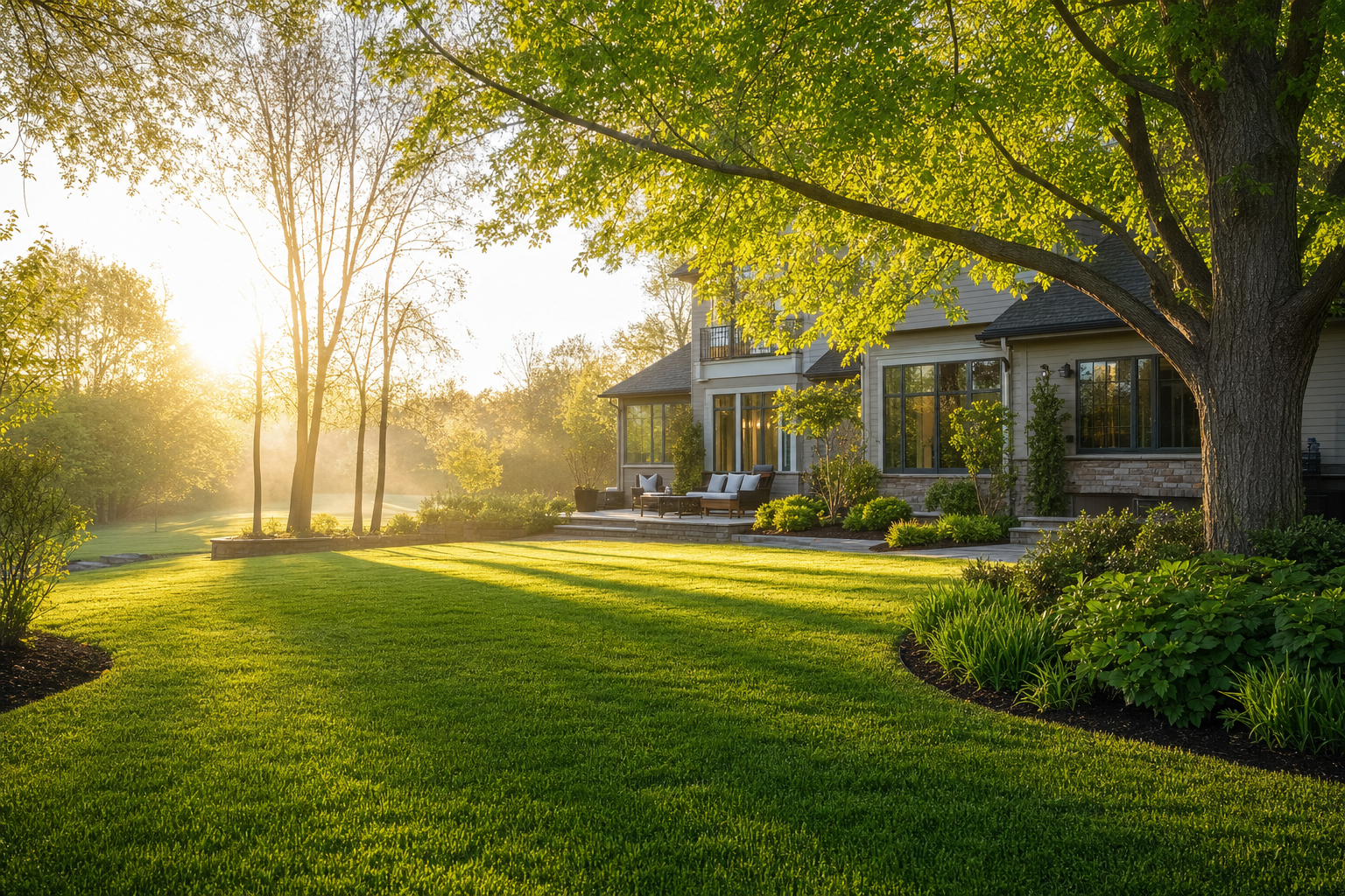 Manicured green lawn at golden hour