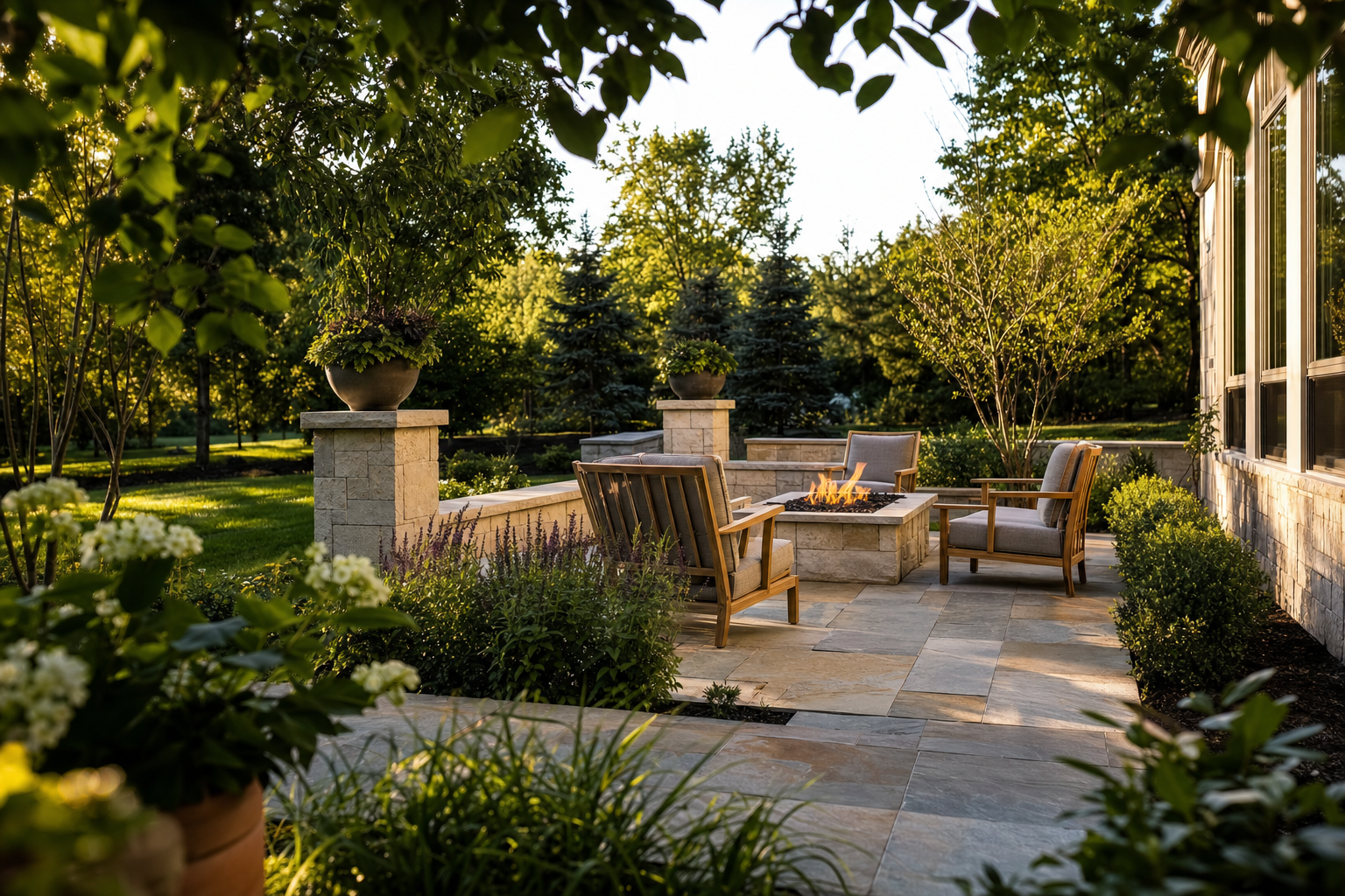 Natural stone paver patio with fire pit in a landscaped backyard